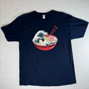 Great Wave of Kanagawa Ramen Bowl Navy Graphic T-Shirt Adult XL 100% Cotton